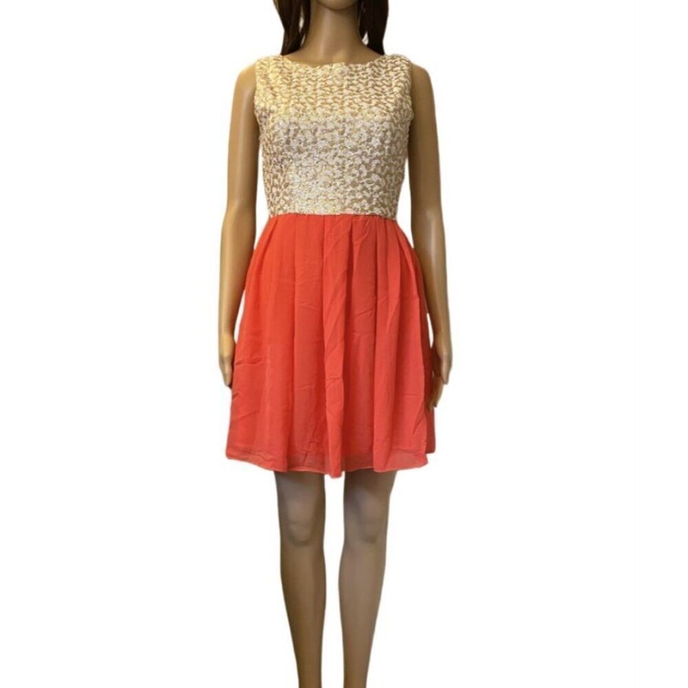 B. Darlin Women's Dress Size 7 / 8 Pink Gold Sleeveless Back Zip Made in USA EUC